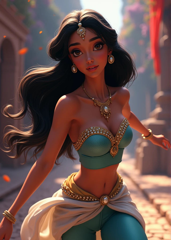 Stunning Princess Jasmine, photo in 8k, in action, cinematic.