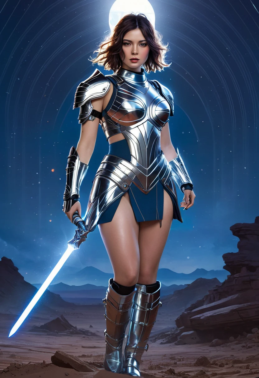 Realistic design developed and illustrated in the style of a 1975 (sci-fi) magazine,A fierce female warrior stands on a battlefield under a star-filled sky, wearing a backless dress made of shimmering metallic threads that reflect the moonlight. Her shoulders are adorned with spiked armor, and she holds a glowing, futuristic energy sword. The dress’s delicate elegance starkly contrasts with the chaos of the battlefield, where robotic soldiers lie defeated. Behind her, a neon-lit spaceship hovers ominously, casting colorful shadows on the broken ground. detailed beautiful female warrior , artistic 4 k, 8k high quality detailed art, extremely high quality artwork, by Dahlov Ipcar, detailed painting 4 k, stunning art style, by Wylie Beckert