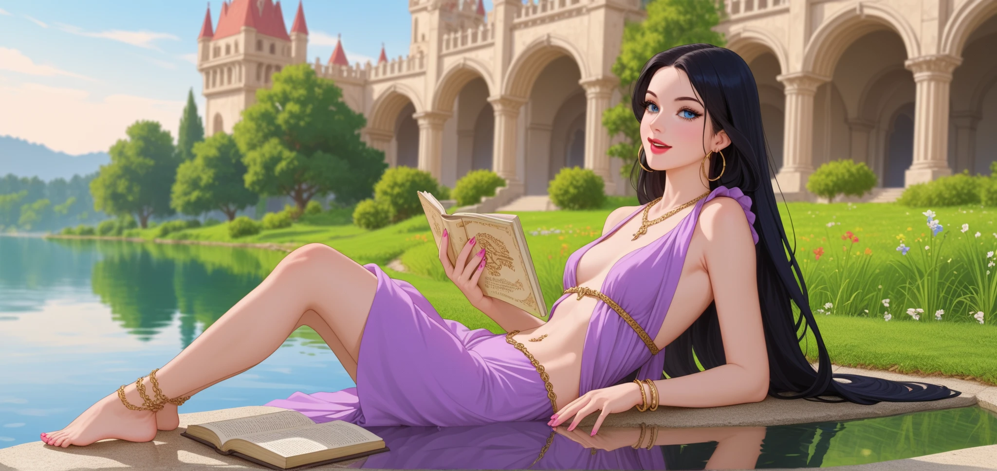 Woman reading a book, purple dress,  well lit ,  depth of field ,  full body ,  necklace with golden crucifix,  hoop earring, gold rings , gold bracelet, breast chain, hair chain,  gold navel piercing, golden ankle chain, belly chain,  long straight hair ,  black hair, huge hair, highly detailed,  high contrast ,  best quality,  masterpiece ,  high definition , strong black eyeliner, a pink nail,  red lips,  Blue Eyes,  small breasts ,  perfect face ,  perfect hands, perfect feet,  perfect eyes , perfect nose,  bare feet, open smile, palace, flores, Lake, aquatic plants 
