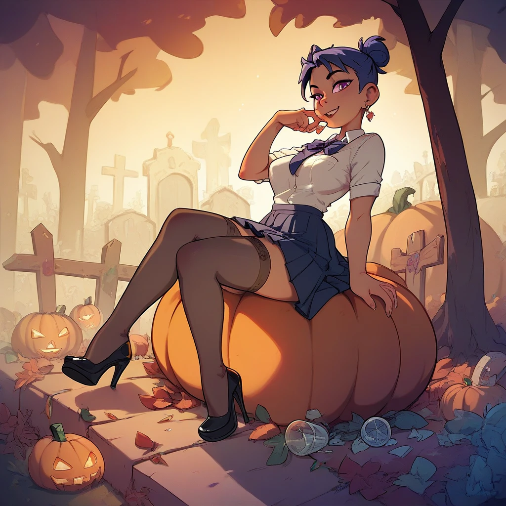 girl in short school skirts , neckline,  stockings,  high heels, Sitting on a pumpkin in the cemetery at midnight 