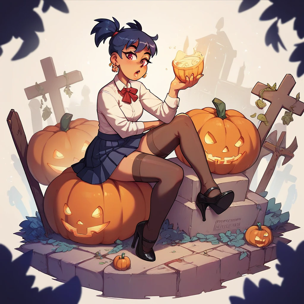 girl in short school skirts , neckline,  stockings,  high heels, Sitting on a pumpkin in the cemetery at midnight 