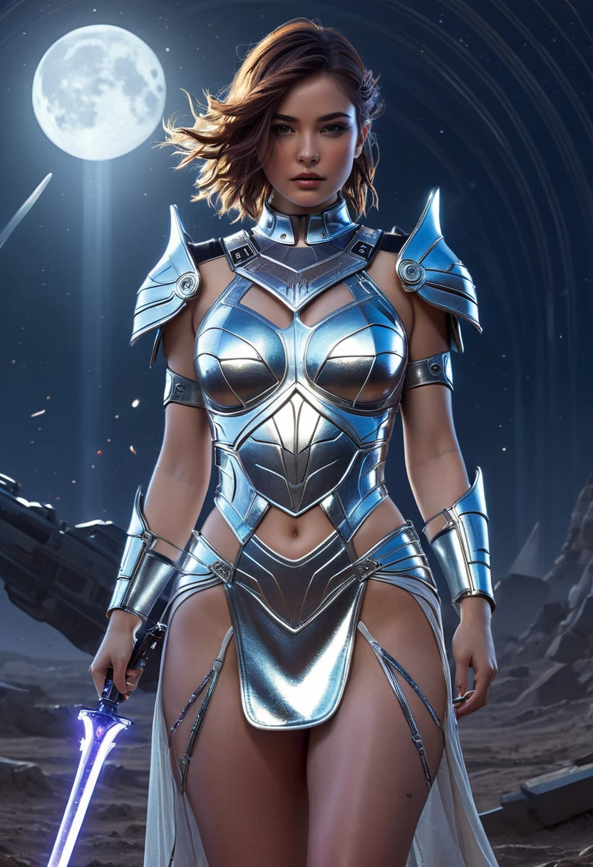 Realistic design developed and illustrated in the style of a 1975 (sci-fi) magazine,A fierce female warrior stands on a battlefield under a star-filled sky, wearing a backless dress made of shimmering metallic threads that reflect the moonlight. Her shoulders are adorned with spiked armor, and she holds a glowing, futuristic energy sword. The dress’s delicate elegance starkly contrasts with the chaos of the battlefield, where robotic soldiers lie defeated. Behind her, a neon-lit spaceship hovers ominously, casting colorful shadows on the broken ground. detailed beautiful female warrior , artistic 4 k, 8k high quality detailed art, extremely high quality artwork, by Dahlov Ipcar, detailed painting 4 k, stunning art style, by Wylie Beckert