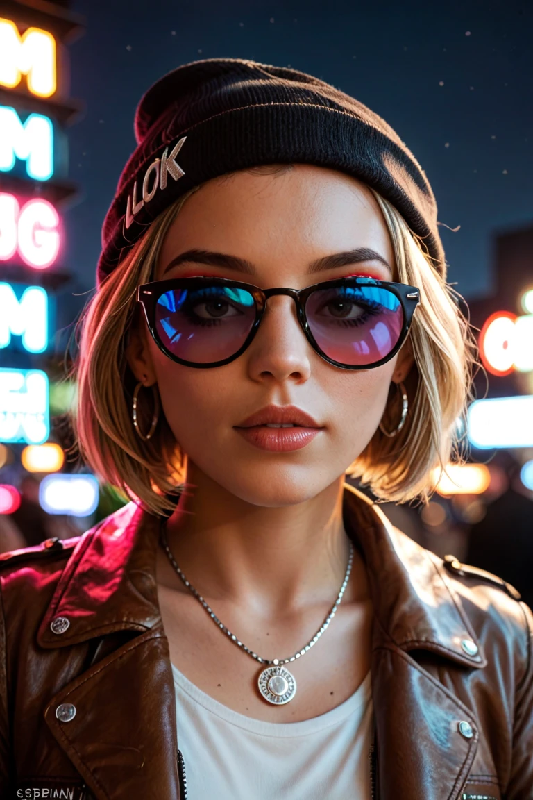 Sofia Vergara, Face close up, alternative girl, watching over black sunglasses, jacket, necklace, neon light reflections on skin, ear ring, makeup, skin imperfection, short hair, beanie, neon lights background, low light, depth of field, highly detailed, high contrast, film grain, Rim Lighting, Long Exposure, DSLR