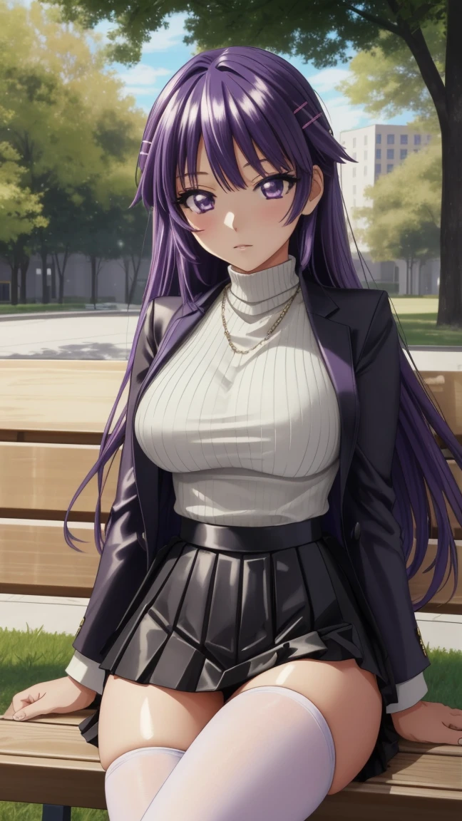 8k Masterpiece , highest quality,  High definition ,  very detailed face , detailed computer graphics, one,   girl , Chizuru-chan Kaihatsunikki, mature,  sexy ,  purple hair ,  long hair ,  hair clip ,   purple eyes, makeup, white turtleneck , black pleated leather skirt, stockings,  black leather high-heeled shoes,  large breasts ,  closed mouth , Fascinating dispassionality , With confidence,  enjoying , One, stylish pose, stylish corner,  Looking at the viewer ,  in the center of the image ,  cowboy shot , City Park sitting on a bench. anatomy is correct,  perfect face,  perfect hair ,  perfect eyes ,  perfect body,  perfect breasts, perfect hands, flawless skin
