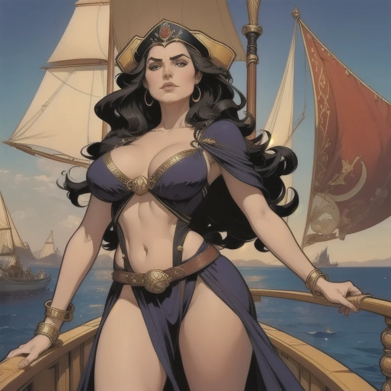 Gorgeous and sultry busty athletic (happy) brunette with sharp facial features, long hair, large breasts wearing a pirate dress, off-shoulder, corset, long red dress, pirate hat, do-rag.  On a pirate ship.
