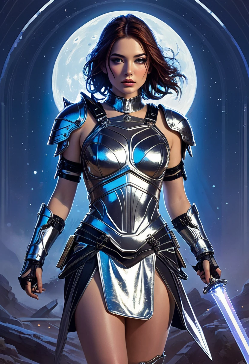 A realistic design developed and depicted in the style of a 1975 (science fiction) magazine, featuring a fierce female warrior holding a glowing sword on a battlefield under the stars, wearing a dress made of shimmering wire that reflects the moonlight backless dress. Her shoulders are adorned with spiked armor, the delicate elegance of the garment contrasting with the chaos of the battlefield where the robot soldiers are defeated. Behind her, a neon-lit spaceship hovers ominously, casting colorful shadows across the broken ground. Detailed Beautiful Female Warrior, Art 4k, 8k High Quality Detailed Art, Extremely High Quality Artwork by Dahlov Ipcar, Detailed Painting 4k, Stunning Art Style by Wylie Beckert