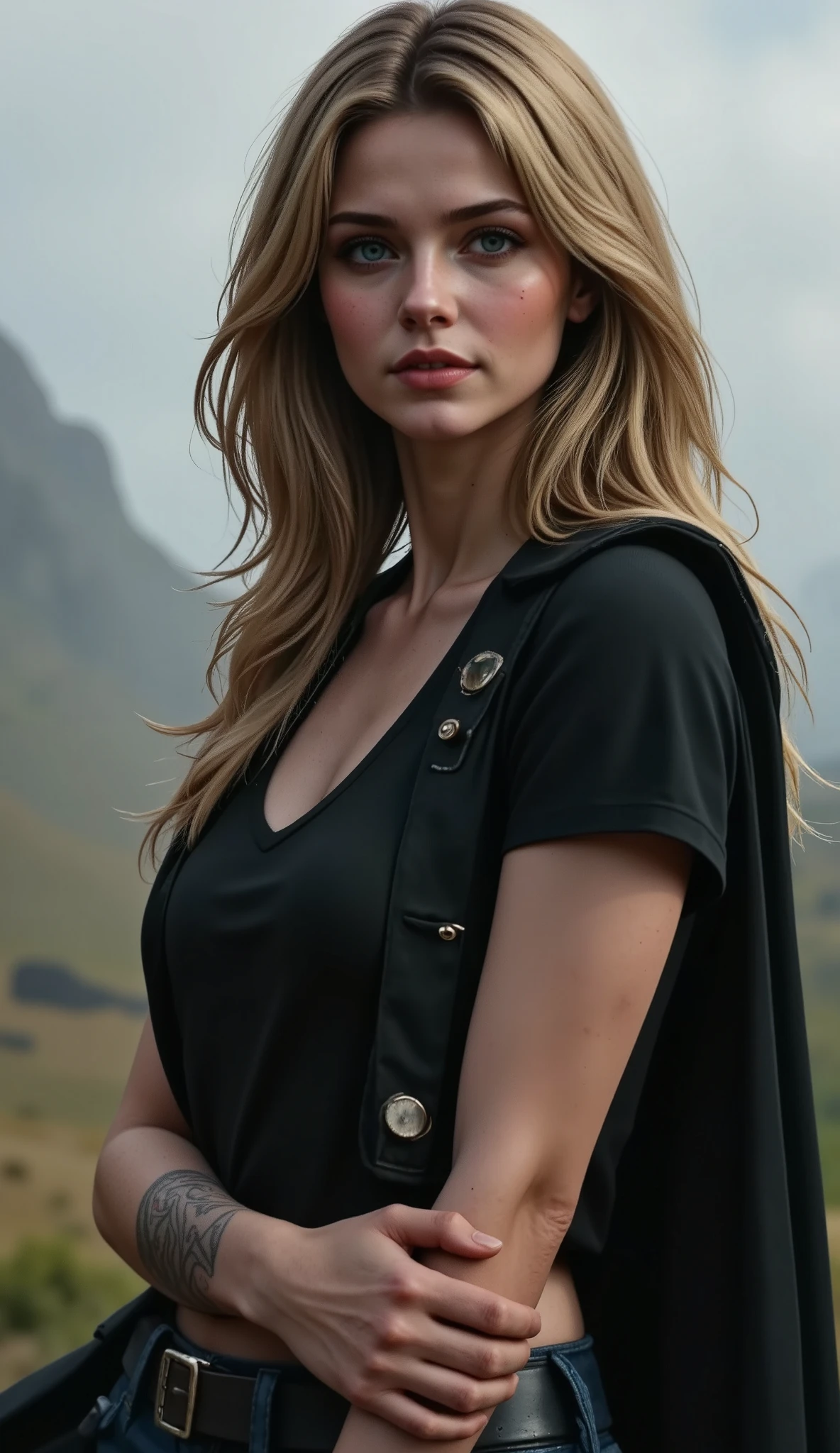  masterpiece,  cowboy shot, (1woman), (golden hair), ( black t-shirt :1.2), ( Beautiful Blue Eyes ), (tribal tattoo on the hands), white, Orange and blue colors, foggy background, elegant pose, ( looking at the viewer), (vista frontal), (from the sky), (bokeh:1.2), chiaroscuro, cinematic lighting, Fujicolor, UHD, Retina, masterpiece, Accurate,  anatomically correct , textured skin, Super detail, high details, high quality,  award winning , best quality, highres, 1080P, HD, 16K