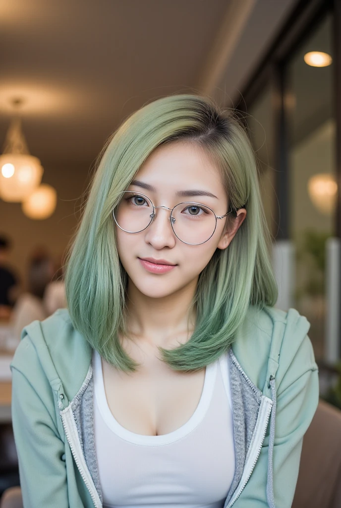 "A young woman thai girl beautiful cute, wearing a grey-green hoodie over a white t-shirt, indoor at a contemporary cafe. She has straight green hair Wearing round glasses with hairpins, minimal makeup, and a neutral expression. The portrait is a close-up, front-facing with a relaxed pose. The clean background and soft natural lighting create a shallow depth of field, emphasizing her modern casual attire. High-resolution image capturing her fashion-forward, modern style."