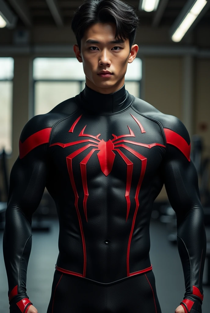 In the alluring picture is a handsome Korean man 3 with his white and bright skin like a hero, the background is in a warehouse and bold, his charm radiates as he proudly shows off his six-pack abs and muscular arms in a fully standing pose. He is wearing sexy spider-patterned underwear and also uses spider-patterned gloves and socks, which highlight his body shape, He stands in the middle of a giant spider web of his own creation, he takes out his cock and shakes it while his sperm flows out, He smiles with pleasure and lust, surrounded by a large spider web behind him, Bathed in the golden light of a beautiful day. With unmatched attention to detail., This photorealistic portrait combines Superhero style., Capture every detail of his textured skin in 8k resolution. Leica digital SLR camera. His features are clearly visible., From his deep-set eagle-like eyes to his sculpted jaw., Make this picture a true masterpiece.. Lift. (8K UHD、RAW Photography、Leica Digital SLR Photorealistic Portraits、Realistic images), large protrusion