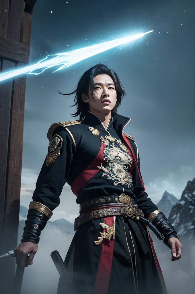 A towering and majestic figure representing Nan Wansheng from "Against the Gods" by Gravity Mars. He stands tall and athletic, exuding an aura of power and authority. Nan Wansheng has angular facial features with a strong jawline, piercing eyes that reflect determination and wisdom, and a serious expression. His hair is long, flowing black with subtle blue and silver highlights, cascading gracefully down his back in a slightly tousled manner with some strands loosely framing his face. He is dressed in a blend of traditional Chinese attire and modern tactical gear. His outfit is predominantly black and gray, accented with silver and red details. The fabric is sturdy yet elegant, adorned with intricate dragon patterns and mystical symbols. He wears a utility belt with various pouches and accessories, including bracelets and a necklace that signify his status and abilities. Nan Wansheng is depicted in a mystical battlefield setting, surrounded by mist-covered mountains and glowing crystals embedded in the rocky terrain. Ethereal energy swirls around him, enhancing his supernatural presence. He holds a sleek, enchanted sword that emits a soft blue glow, indicating its mystical power. Faint auras and dynamic energy effects highlight his abilities, creating an epic and otherworldly atmosphere. The lighting is dramatic and cinematic, with highlights emphasizing his hair, the intricate details of his attire, and the mystical elements around him. The overall composition exudes strength, mystery, and an ethereal presence, capturing the essence of Nan Wansheng's character.