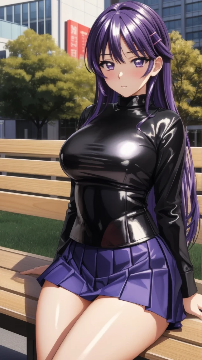 8k Masterpiece , highest quality,  High definition ,  very detailed face , detailed computer graphics, one,   girl , Chizuru-chan Kaihatsunikki, mature,  sexy ,  purple hair ,  long hair ,  hair clip ,   purple eyes, makeup, white turtleneck , black pleated leather skirt, stockings,  black leather high-heeled shoes,  large breasts ,  closed mouth , Fascinating dispassionality , With confidence,  enjoying , One, stylish pose, stylish corner,  Looking at the viewer ,  in the center of the image ,  cowboy shot , City Park sitting on a bench. anatomy is correct,  perfect face,  perfect hair ,  perfect eyes ,  perfect body,  perfect breasts, perfect hands, flawless skin
