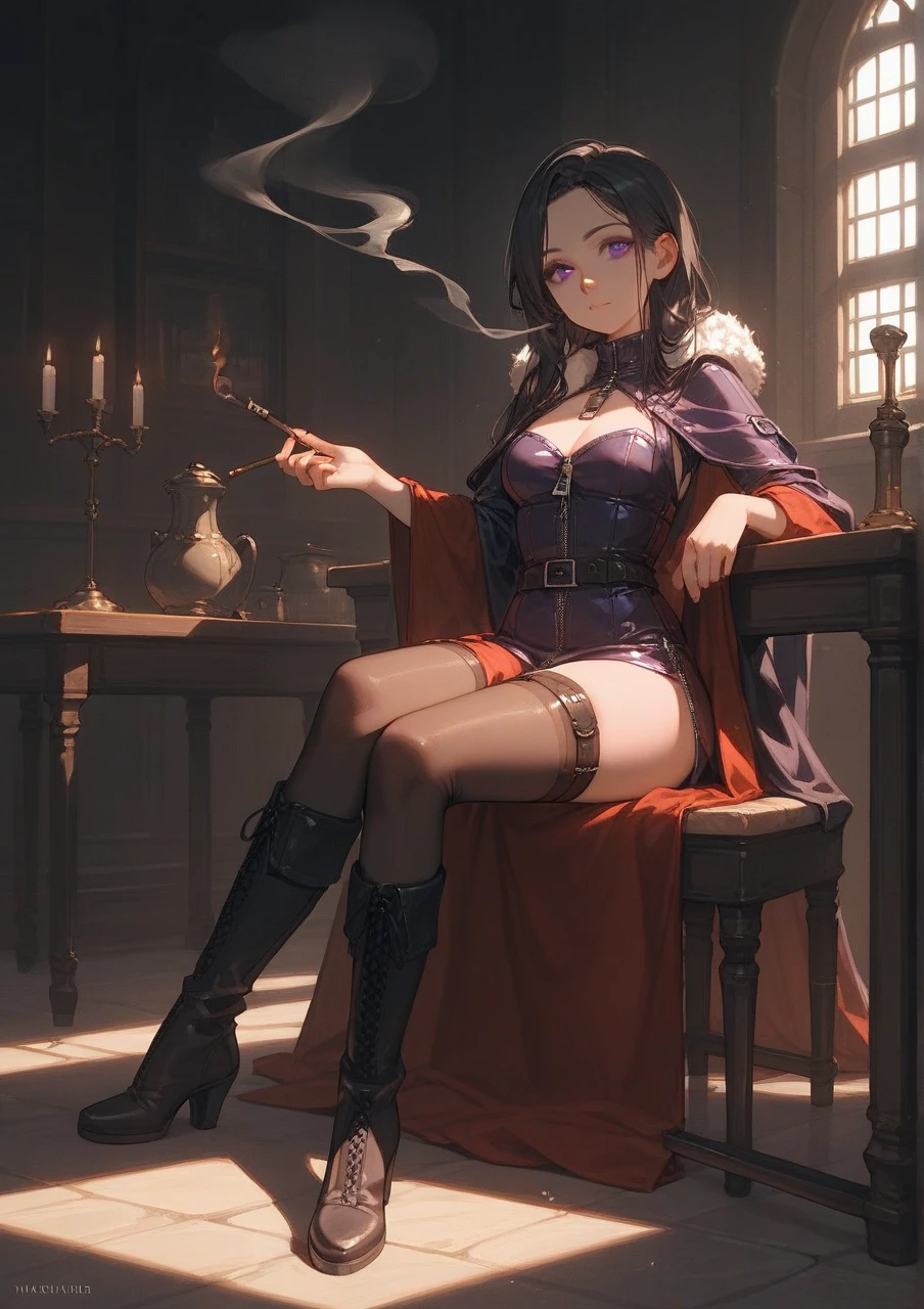 A woman in a bathrobe sitting on a sofa in front of a fireplace drinking coffee、Dimly lit room、Warm light from the fireplace、Unbuttoned、Half naked、sexy、Wooden Room、Brick fireplace、looking at the camera、4K、8K、Highest quality