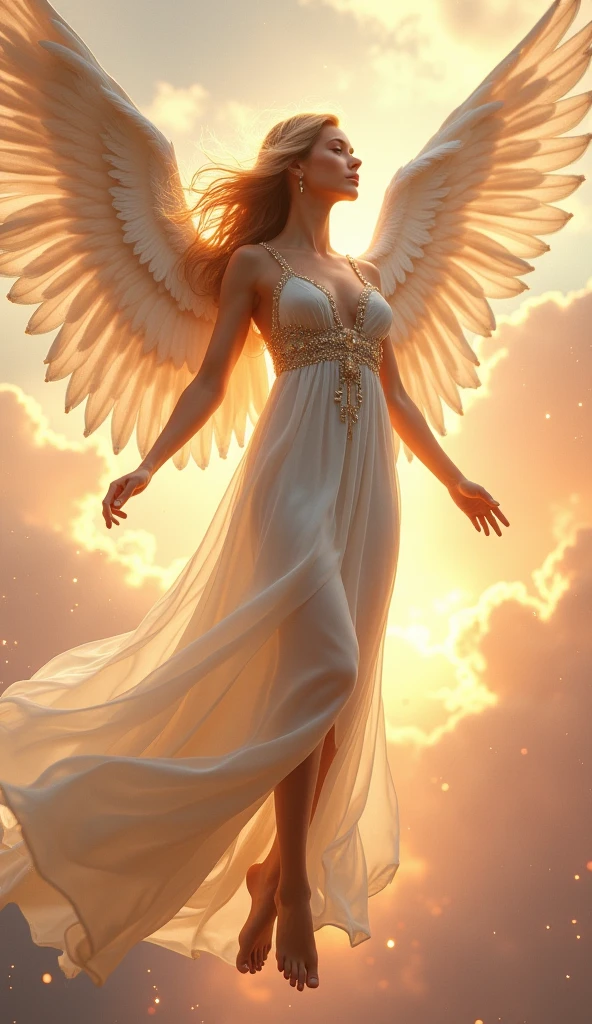 A hyper-realistic, full-body portrayal of a celestial female angel, emphasizing her ethereal beauty and majestic wings. Her serene expression radiates peace and divinity, with her glowing golden hair flowing gracefully. Her large, radiant wings are fully extended, each feather intricately detailed, shimmering with a soft luminescence in shades of white and gold.

She wears a flowing, slightly translucent white gown adorned with delicate golden accents, which drifts elegantly in an unseen breeze, enhancing her graceful presence. Her bare feet hover just above the ground, surrounded by a soft glow that highlights her divine nature. The folds and textures of her gown capture every movement, blending realism with a celestial touch.

Captured with a Nikon D850 camera and Laowa 100mm f/2.8 2X Ultra Macro APO lens, the image delivers stunning detail, with advanced HDR processing to bring out the highlights in her gown, wings, and glowing aura. A ring flash diffuser ensures even lighting across her figure, eliminating harsh shadows and emphasizing the soft radiance of her divine form.

The background features a softly blurred celestial scene of pink and orange sunset clouds, with beams of light streaming down from above, illuminating her figure. Sparkling dust particles float in the air, creating a magical atmosphere that underscores her angelic presence. The composition celebrates her heavenly elegance and otherworldly majesty in a dramatic, awe-inspiring tone.

