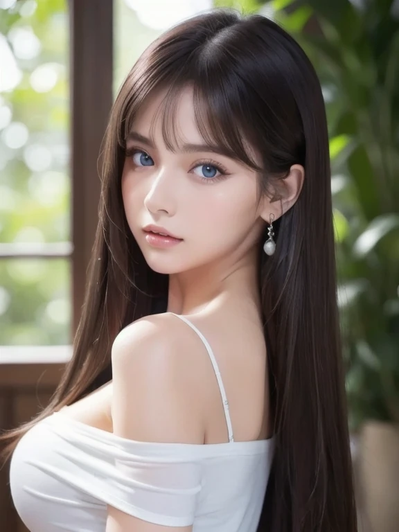 1girl in, ***19, Solo, Super long straight hair, Colossal tits, Looking at Viewer, ((shiny light dark hair))、Messy bangs between beautiful eyes、de pele branca、Beautiful skin、glowy skin、Gloss Face、Teak Gloss、Bare shoulders, jewely, Full body, (Very detailed 8k wallpaper), Soft lighting, high detailing, Sharp Focus,(Natural light), (gros-plan:1.2), (Seductive), off shoulder t-shirt, Realistic, A sexy、beautiful big white and pale blue eyes、eye liner、