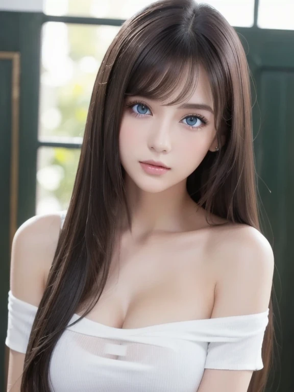 1girl in, ***19, Solo, Super long straight hair, Colossal tits, Looking at Viewer, ((shiny light dark hair))、Messy bangs between beautiful eyes、de pele branca、Beautiful skin、glowy skin、Gloss Face、Teak Gloss、Bare shoulders, jewely, Full body, (Very detailed 8k wallpaper), Soft lighting, high detailing, Sharp Focus,(Natural light), (gros-plan:1.2), (Seductive), off shoulder t-shirt, Realistic, A sexy、beautiful big white and pale blue eyes、eye liner、