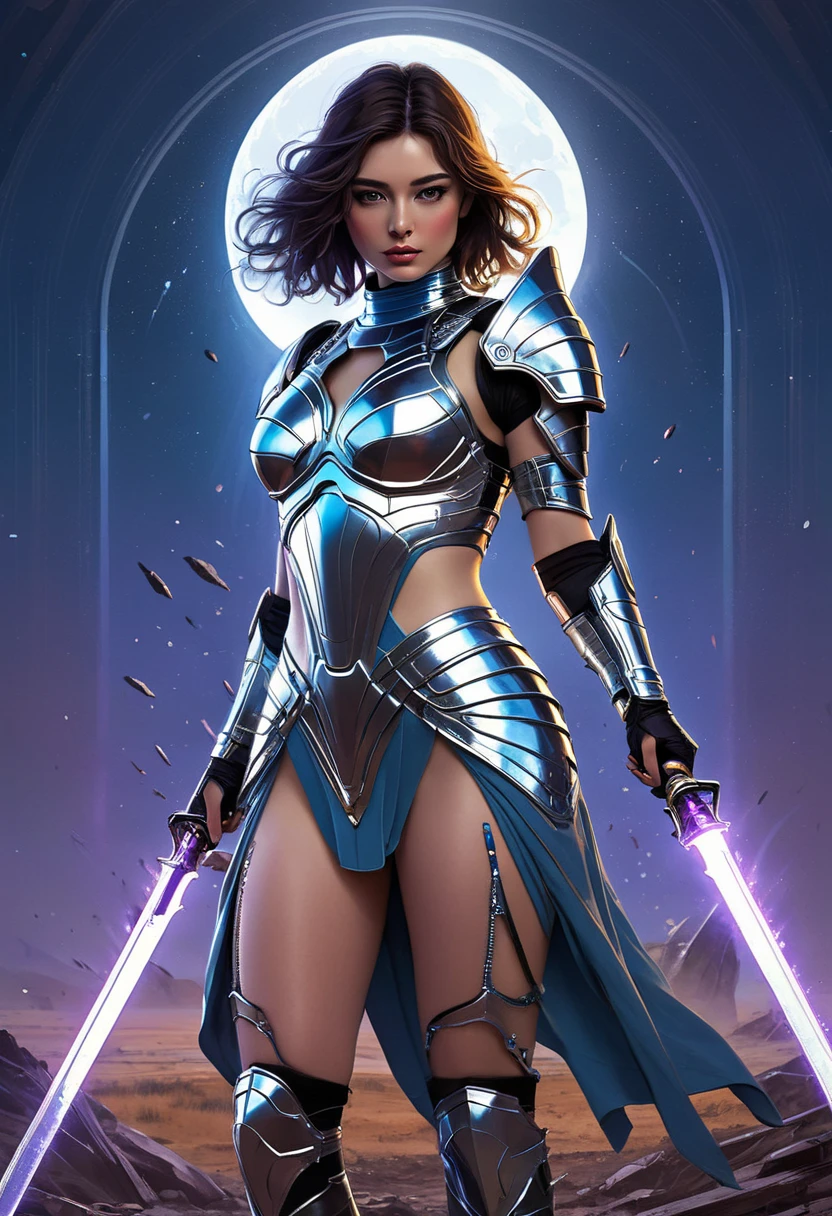 Realistic design developed and illustrated in the style of a 1975 (sci-fi) magazine,A fierce female warrior stands on a battlefield under a star-filled sky, wearing a backless dress made of shimmering metallic threads that reflect the moonlight. Her shoulders are adorned with spiked armor, and she holds a glowing, futuristic energy sword. The dress’s delicate elegance starkly contrasts with the chaos of the battlefield, where robotic soldiers lie defeated. Behind her, a neon-lit spaceship hovers ominously, casting colorful shadows on the broken ground. detailed beautiful female warrior , artistic 4 k, 8k high quality detailed art, extremely high quality artwork, by Dahlov Ipcar, detailed painting 4 k, stunning art style, by Wylie Beckert