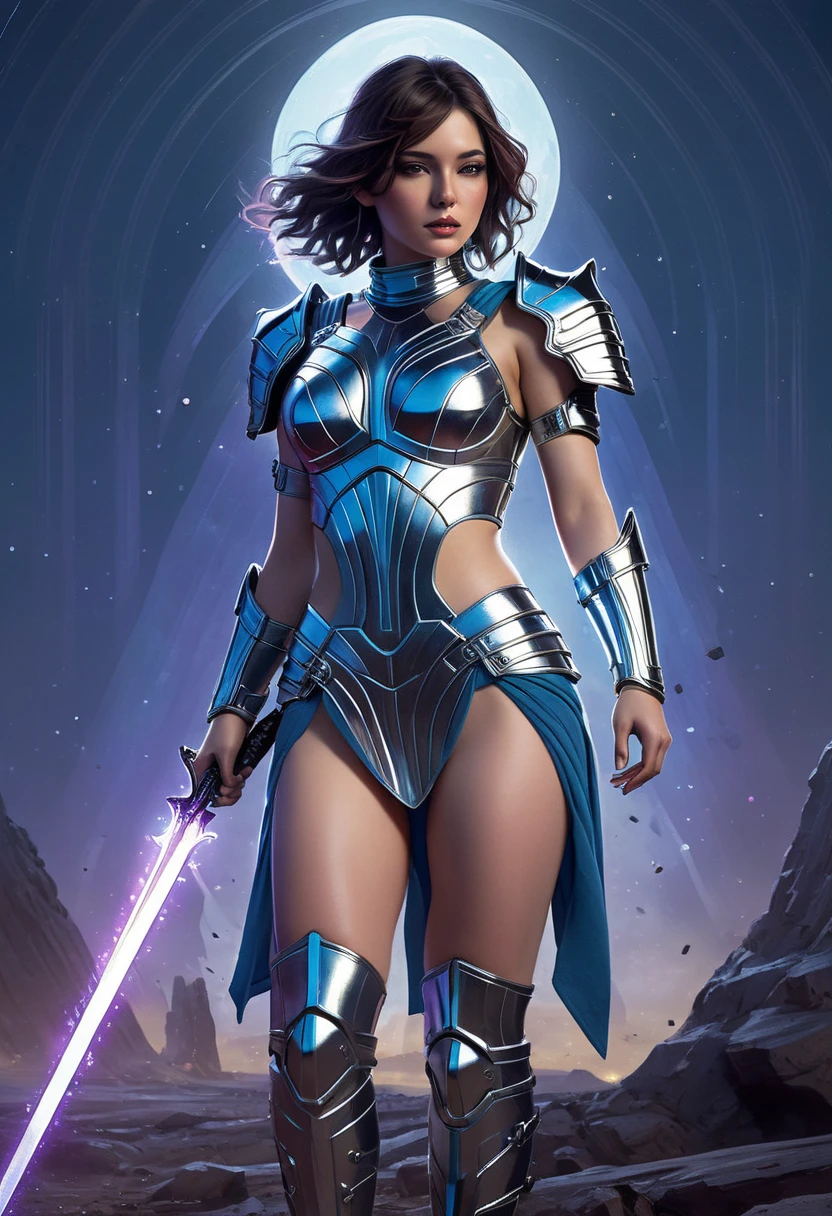 Realistic design developed and illustrated in the style of a 1975 (sci-fi) magazine,A fierce female warrior stands on a battlefield under a star-filled sky, wearing a backless dress made of shimmering metallic threads that reflect the moonlight. Her shoulders are adorned with spiked armor, and she holds a glowing, futuristic energy sword. The dress’s delicate elegance starkly contrasts with the chaos of the battlefield, where robotic soldiers lie defeated. Behind her, a neon-lit spaceship hovers ominously, casting colorful shadows on the broken ground. detailed beautiful female warrior , artistic 4 k, 8k high quality detailed art, extremely high quality artwork, by Dahlov Ipcar, detailed painting 4 k, stunning art style, by Wylie Beckert