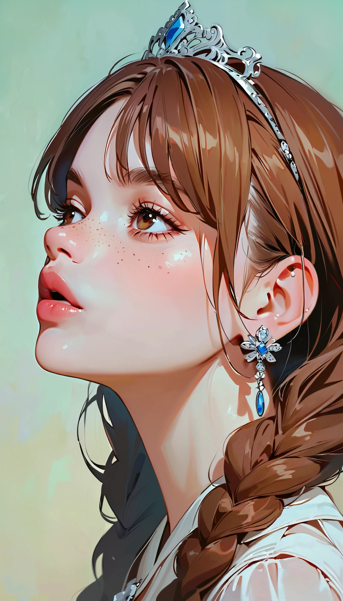 profile、 brown hair 、 brown eyes、Braided Pigtails、bangs、 thick eyebrows、 earrings for women with first name、Freckles、solo、 upper body、(masterpiece、 top quality : 1.2)、One depressed girl、 anime style、 Wednesday 、dark purple lips、 very white skin 、 looks bad、 silver tiara 、 in the style of famous portraitists、It looks sick、 looking up at the sky、Gray background。