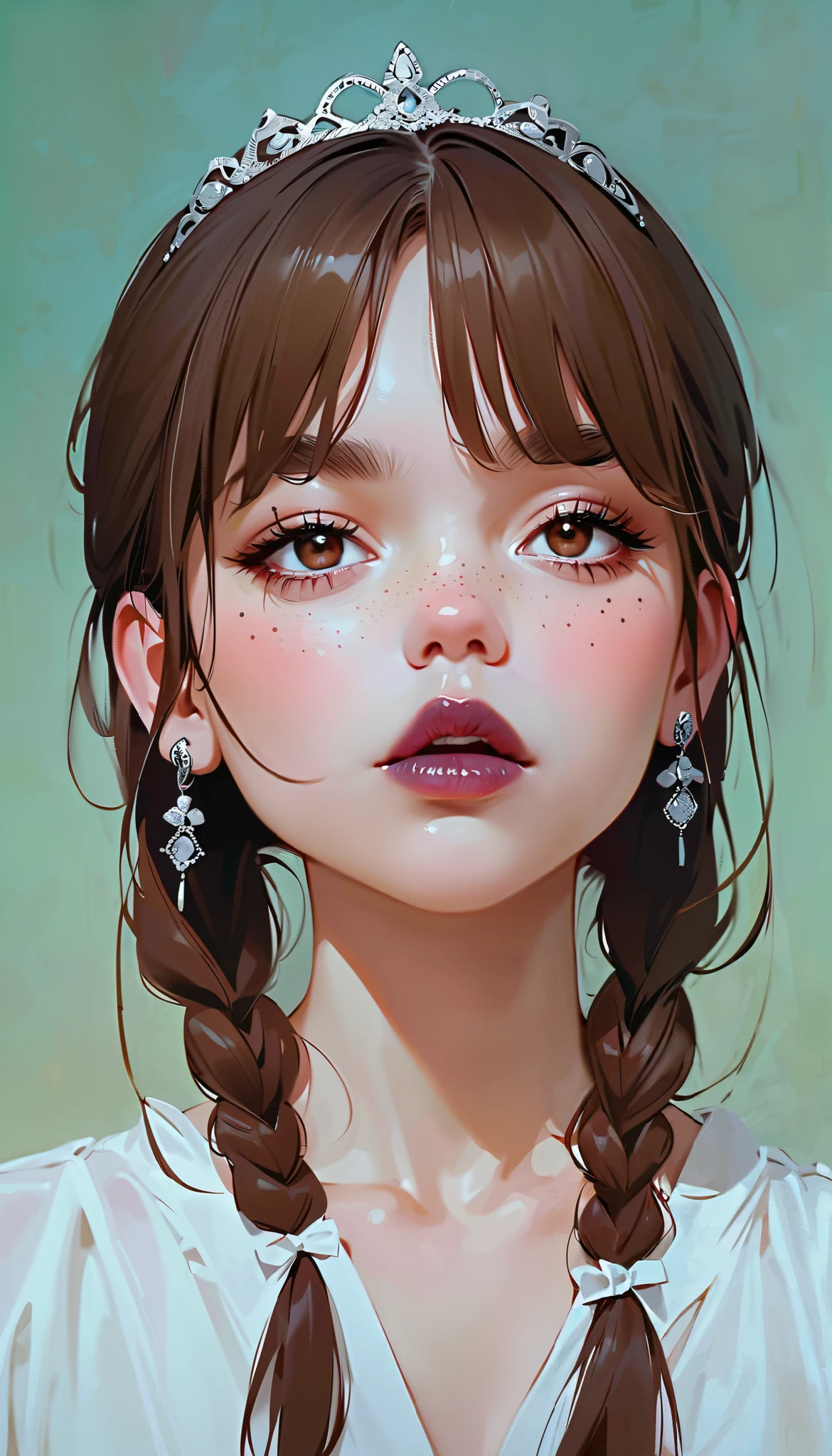 profile、 brown hair 、 brown eyes、Braided Pigtails、bangs、 thick eyebrows、 earrings for women with first name、Freckles、solo、 upper body、(masterpiece、 top quality : 1.2)、One depressed girl、 anime style、 Wednesday 、dark purple lips、 very white skin 、 looks bad、 silver tiara 、 in the style of famous portraitists、It looks sick、 looking up at the sky、Gray background。