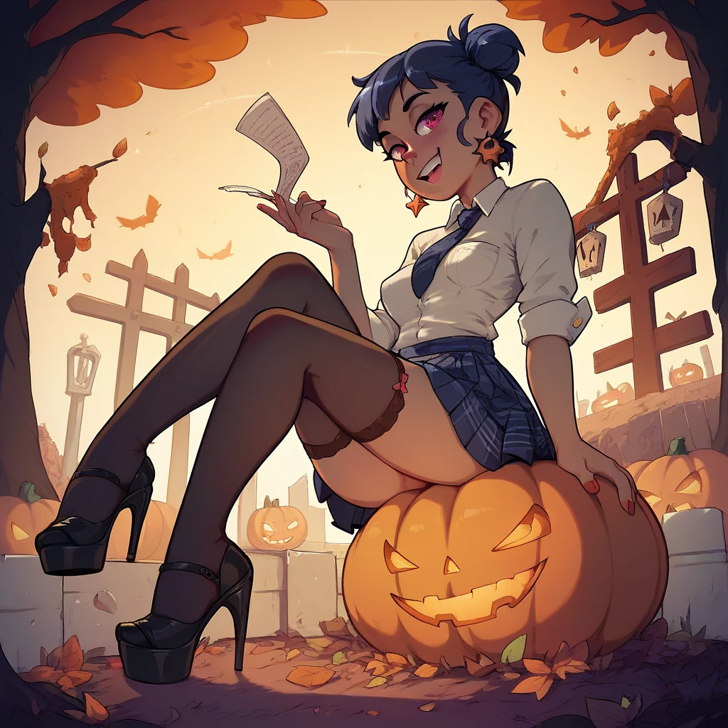 girl in short school skirts , neckline,  stockings,  high heels, Sitting on a pumpkin in the cemetery at midnight 