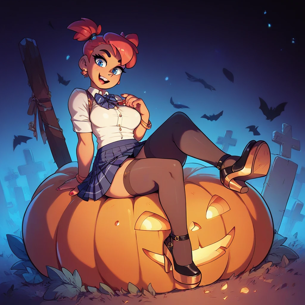 girl in short school skirts , neckline,  stockings,  high heels, Sitting on a pumpkin in the cemetery at midnight 