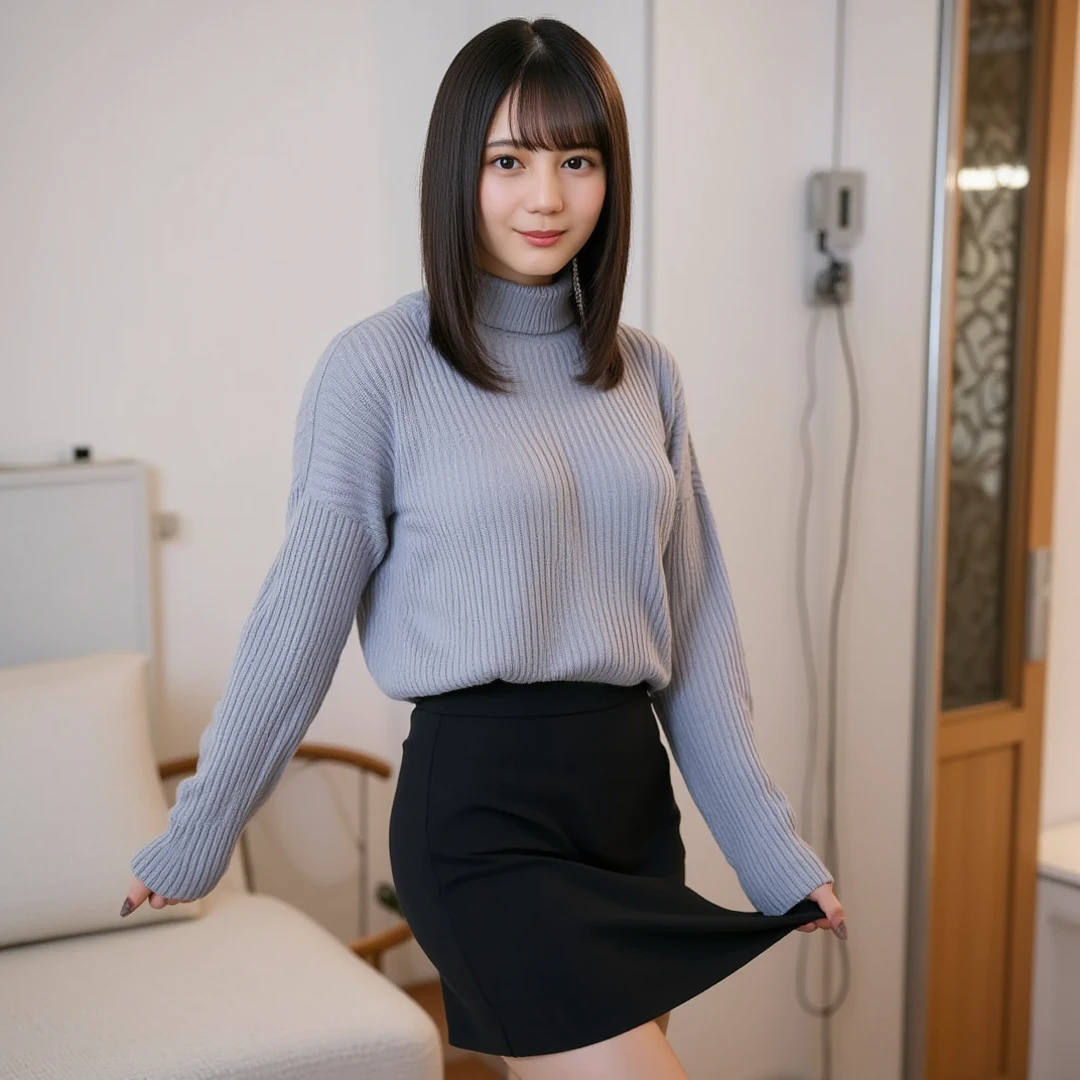 ((( High resolution,top quality, super detailed, Masterpiece , very detailed,realistic,real person,Ultra detailed skin))) ,simple background, from front, medium shot, looking at viewer , smile, (standing), black hair, medium hair, medium breasts, cleavage, (sweater,turtleneck, black tight skirt), ((shirt lift by myself))