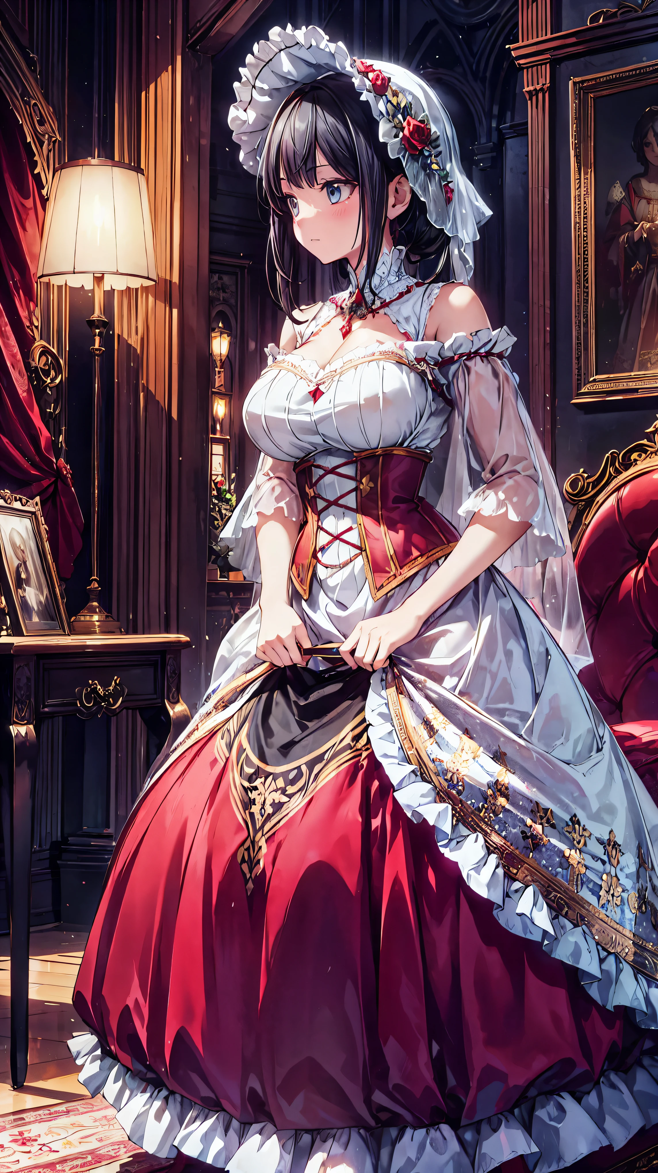  Medieval Europe, Lady,  Floral Crinoline Hoop Skirt, red petticoat dress ,  big breasts, hyper detailed beautiful eyes,  hair ornament, Fluffy,