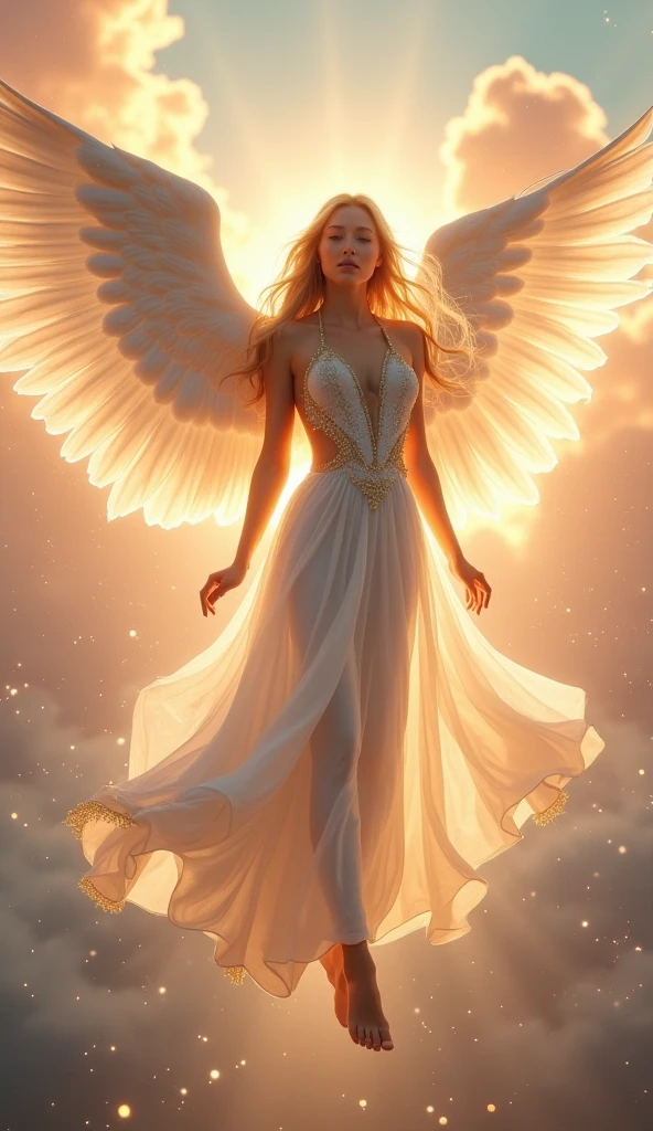 A hyper-realistic, full-body portrayal of a celestial female angel, emphasizing her ethereal beauty and majestic wings. Her serene expression radiates peace and divinity, with her glowing golden hair flowing gracefully. Her large, radiant wings are fully extended, each feather intricately detailed, shimmering with a soft luminescence in shades of white and gold.

She wears a flowing, slightly translucent white gown adorned with delicate golden accents, which drifts elegantly in an unseen breeze, enhancing her graceful presence. Her bare feet hover just above the ground, surrounded by a soft glow that highlights her divine nature. The folds and textures of her gown capture every movement, blending realism with a celestial touch.

Captured with a Nikon D850 camera and Laowa 100mm f/2.8 2X Ultra Macro APO lens, the image delivers stunning detail, with advanced HDR processing to bring out the highlights in her gown, wings, and glowing aura. A ring flash diffuser ensures even lighting across her figure, eliminating harsh shadows and emphasizing the soft radiance of her divine form.

The background features a softly blurred celestial scene of pink and orange sunset clouds, with beams of light streaming down from above, illuminating her figure. Sparkling dust particles float in the air, creating a magical atmosphere that underscores her angelic presence. The composition celebrates her heavenly elegance and otherworldly majesty in a dramatic, awe-inspiring tone.

