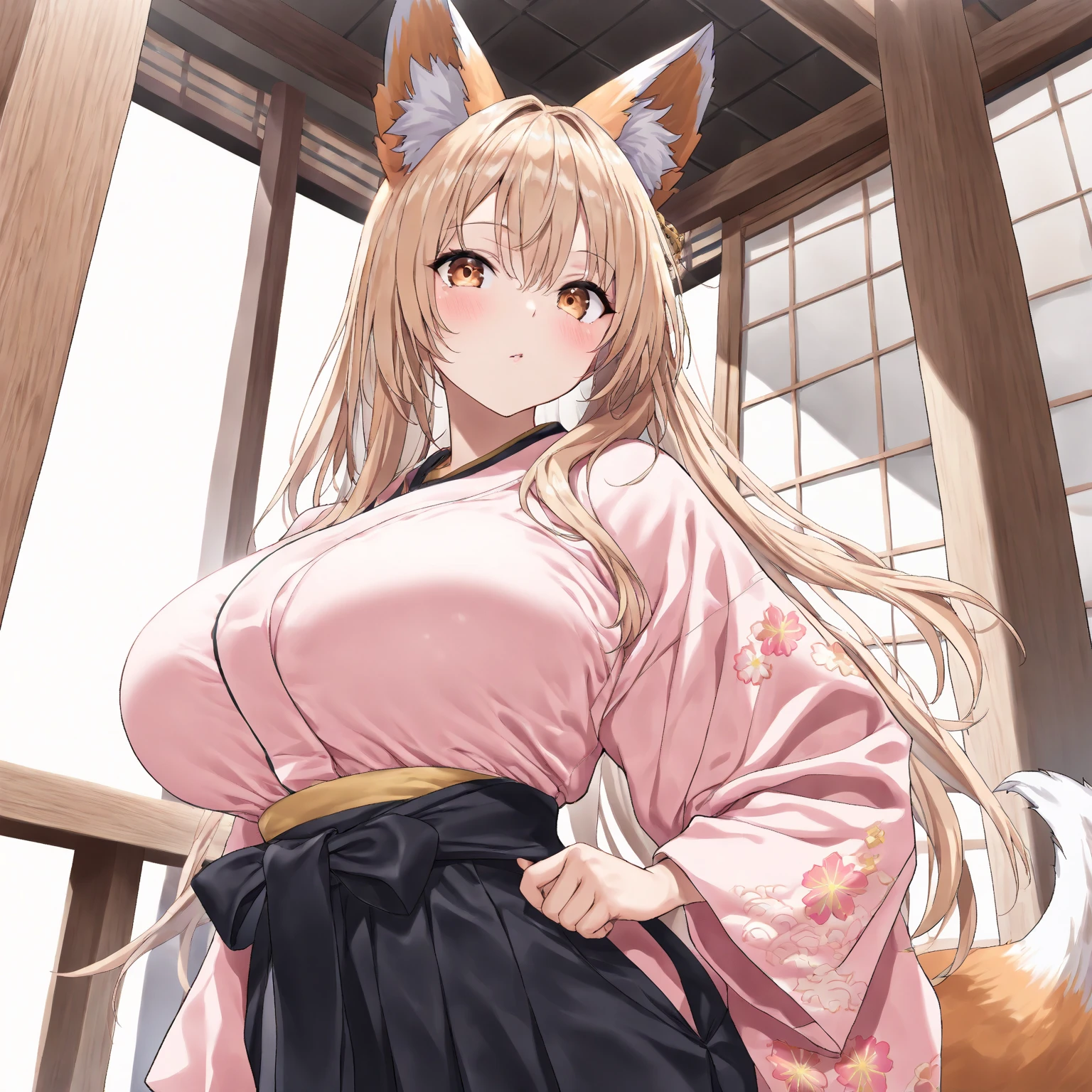 (Fox Girl, Fox Ears, Black colored hair, Fox Makeup, One Girl, Long Hair:1.6), (kimono, Kimono with open chest, A beautiful kimono with red and black patterns, I can see her cleavage, Open chest, Exposed skin:1.8), (Body size is 100-70-90!, Nice body, Big Breasts, Soft breasts, Emphasize cleavage, Knees are slightly visible, Muscular, Abdominal muscles, Grab your own chest:1.9), Avatar, face, lewd face, Dominant representation, naughty face, Uplifting, Skin Texture, outside, Grassy field