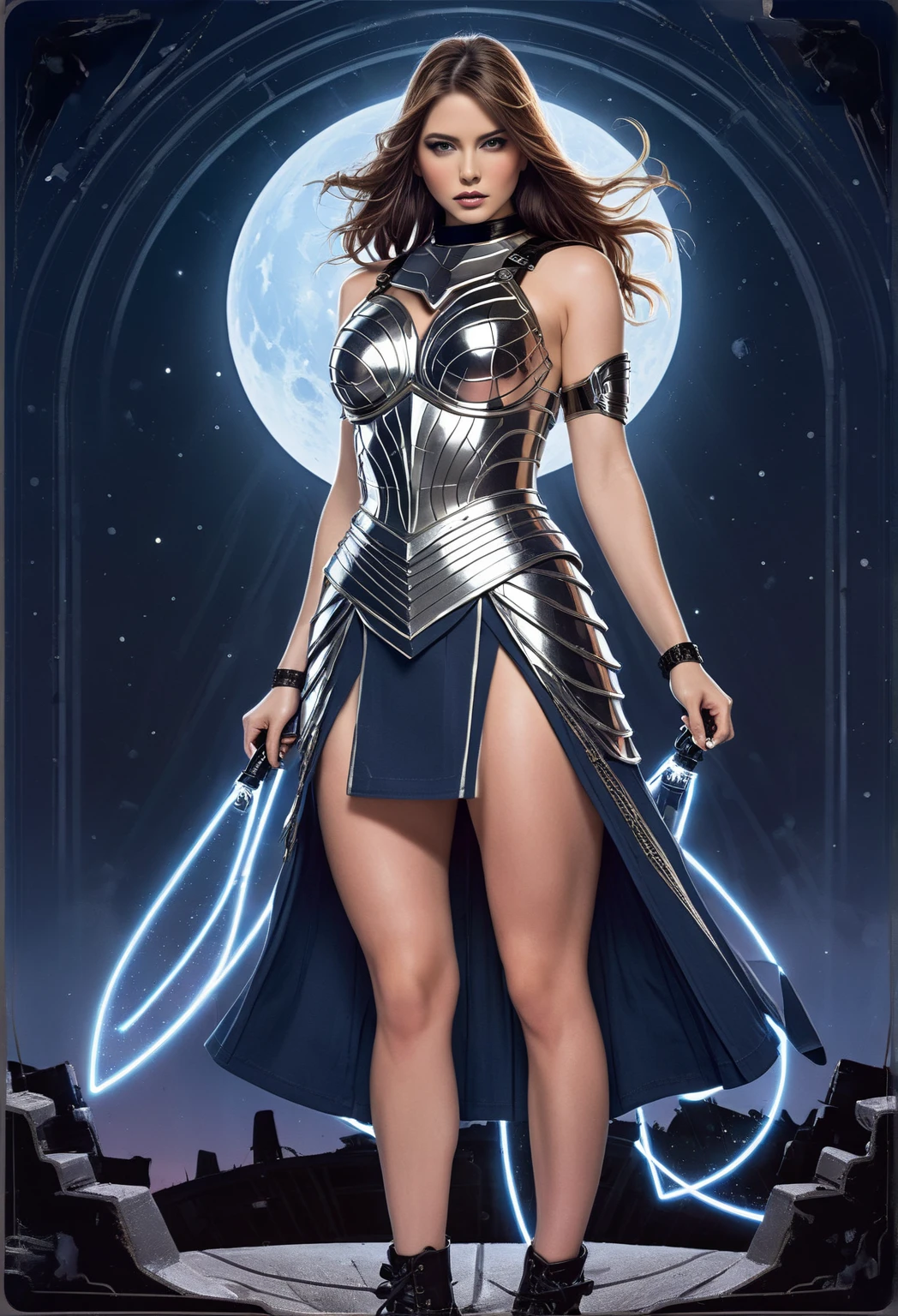 Develop and depict a real design ((Female warrior wearing backless skirt)) in the style of a (science fiction) magazine in 1975, A fierce female warrior stands on a battlefield under a star-filled sky, wearing a backless dress made of shimmering metallic threads that reflect the moonlight. Her shoulders are adorned with spiked armor, and she holds a glowing, futuristic energy sword. The dress’s delicate elegance starkly contrasts with the chaos of the battlefield, where robotic soldiers lie defeated. Behind her, a neon-lit spaceship hovers ominously, casting colorful shadows on the broken ground.