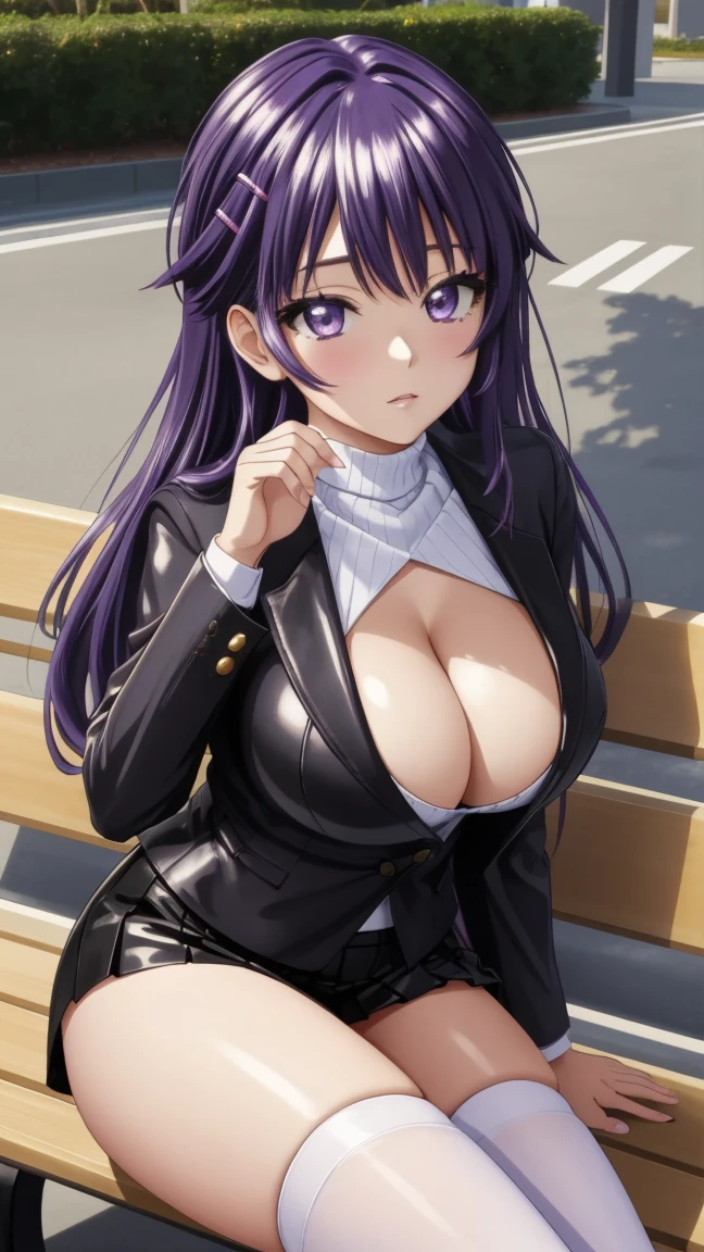 8k Masterpiece , highest quality, High definition , very detailed face , detailed computer graphics, one, girl , Chizuru-chan Kaihatsunikki, mature, sexy , purple hair , long hair , hair clip , purple eyes, makeup, Black leather blazer, white turtleneck , black pleated leather skirt, white stockings, black leather high-heeled shoes, large breasts , closed mouth , Fascinating dispassionality , With confidence, enjoying , One, stylish pose, stylish corner, Looking at the viewer , in the center of the image , cowboy shot , City Park sitting on a bench. anatomy is correct, perfect face, perfect hair , perfect eyes , perfect body, perfect breasts, perfect hands, flawless skin