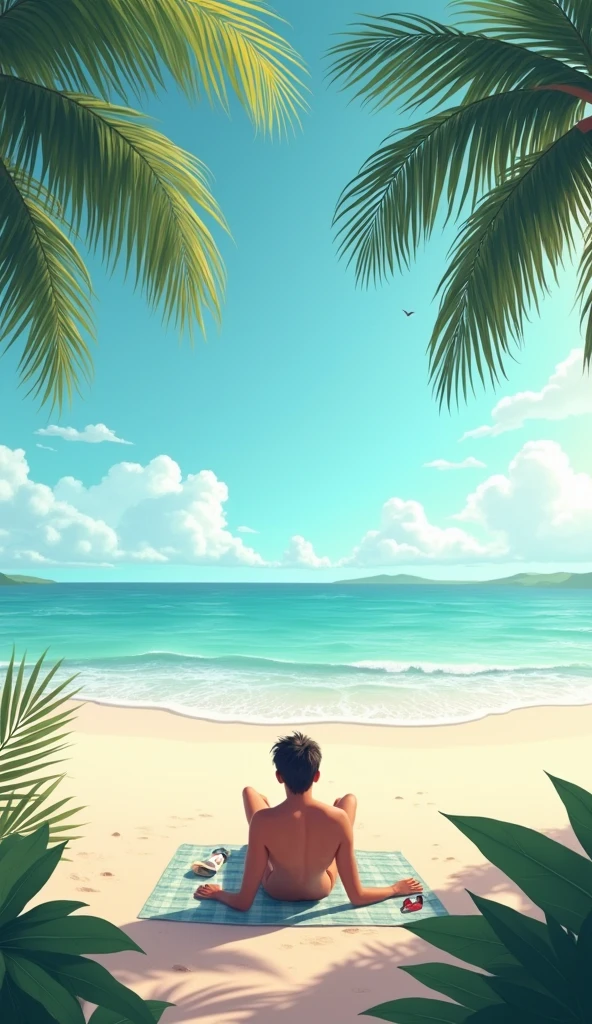 A serene tropical beach scene featuring a person relaxing in a wooden lounge chair, with crystal-clear turquoise water and a calm blue sky in the background, evoking a sense of relaxation and escape."