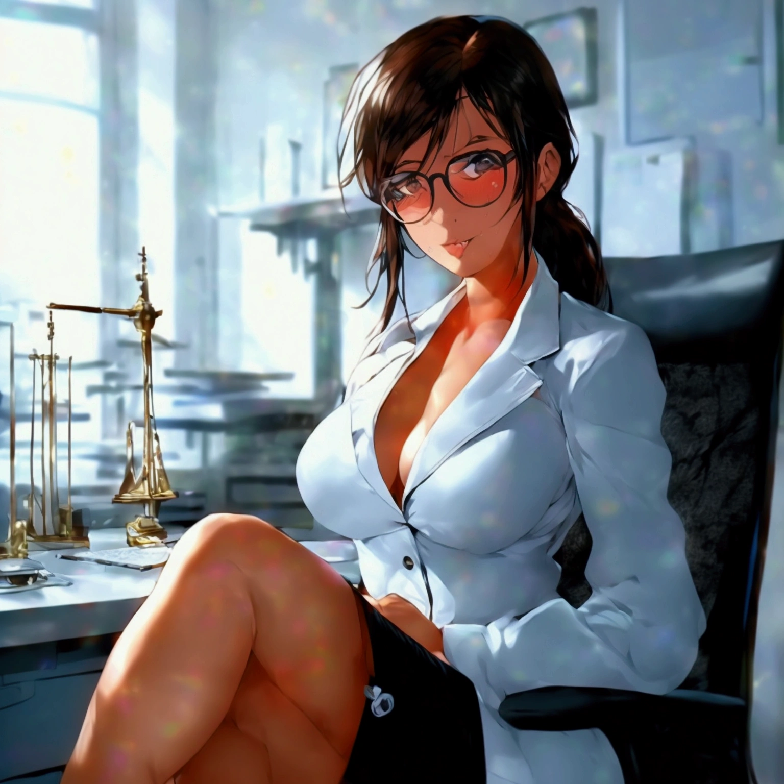Hyper realistic super detailed sexy  professora , sitting at the table open blouse , glasses crossed legs high heels , e cup breasts