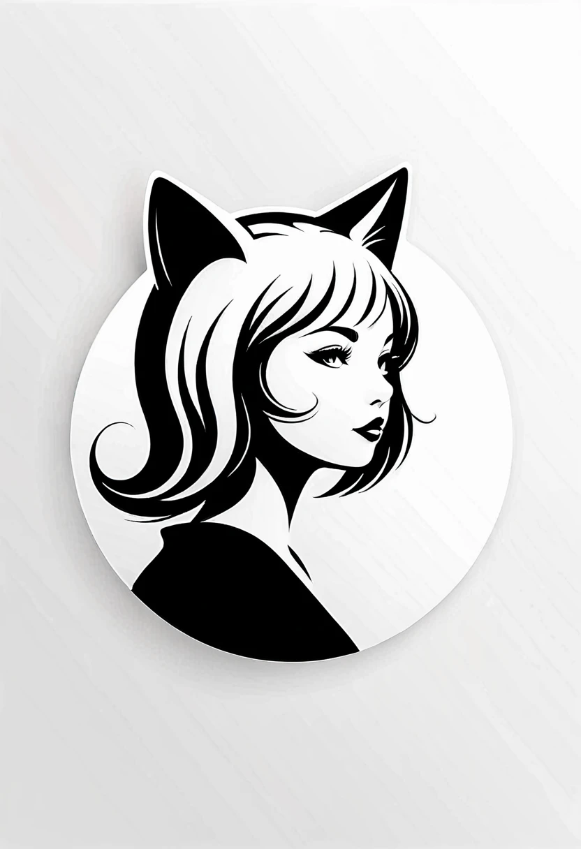 minimalistic logo design, centered silhouette of a cat ear girl\(face only,rounded head, curved tail, simple and elegant lines\), black and white theme, circular white background, modern and clean design, high contrast, sharp details, iconic and professional appearance, digital art style.