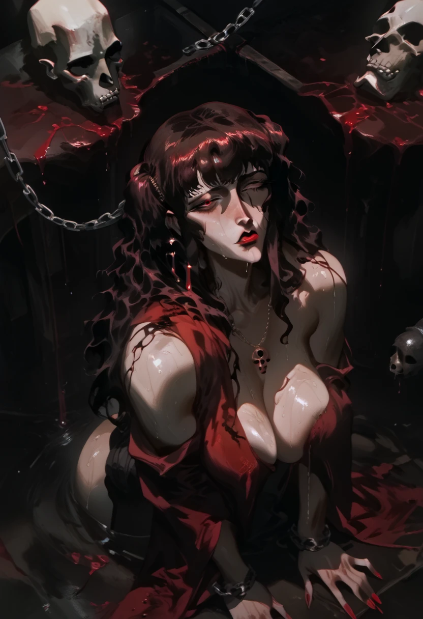 sexy vampire in doggystyle,  big breasts , big ass, Dog chain, sexy kimono , Sexy cleavage covering breasts ,Red lips, Skull fundus,  bangs cover one eye, pleasant face, wet body, oily, sweaty, blood