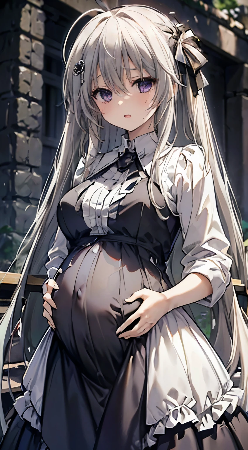 masterpiece, best quality, long hair, silver hair, purple eyes, wind, messy hair, outdoors, night, black dress, (Pregnant),Pregnant contractions, painful expression, winced in pain, open mouth, heavy breathing, birth pain, Closed an Eye, heavy breathing, a **** is out from the channel, maternity dress, smooth Belly pregnant 