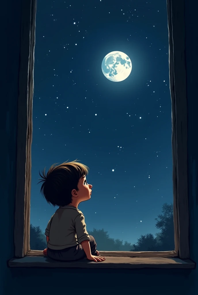A close-up of a sad child sitting by a window, looking up at the sky. Luna spots the child and begins to glow a little brighter, directing her light towards Earth. animated Disney inspired