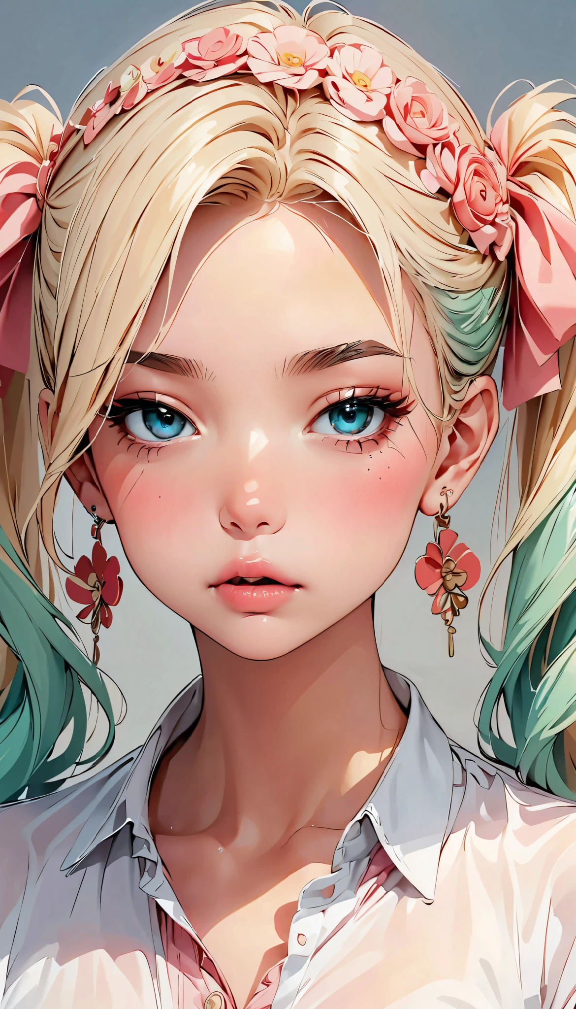Hatsune Miku 、Dark green hair、 blue eyes、 twin tails、bangs、 thin eyebrows、 earrings for women with first name、solo、 upper body、(masterpiece、 top quality : 1.2)、One depressed girl、 anime style、Sony white headphones、Pale pink lips、 very white skin 、 looks bad、 in the style of famous portraitists、It looks sick、 singing、 Hatsune Miku スタイル、Gray background。