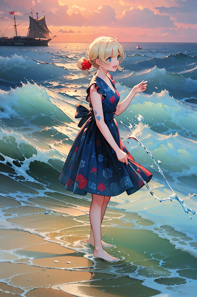 (8k,  super high quality , masterpiece:1.2),  super high res,  cute,  girl , solo, whole body, Blonde, Blue Eyes, Navy Blue Dress, Red floral pattern, Hawaiian Dress, sea,  like a ,  bright smile, soaked, whole bodyに水滴,  walking with hands on a cliff , Submersion, 