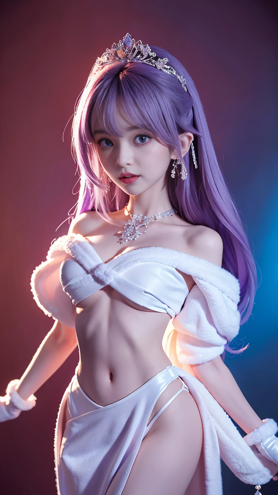 (Masterpiece, Top Quality, Best Quality, Official Art, Beautiful and Aesthetic: 1.2), RAW Photos, (Highly Detailed Skin: 1.2), (Exposed Back: 1.5), (Exposed Back: 1.5), (Exposed Shoulders: 1.1), (Exposed Crotch: 1.5), Ultra-Detailed Complex 3D Rendering of Face, Various Poses, (((Huge Breasts: 1.4)), (Exposure: 1.1), Pink Micro Bikini, , Perfect Figure: 1.4, slim abs: 1.1, (1 girl), fur-lined purple cape, abs, jeweled detailed crown: 2.2), detailed luminous necklace adorned with jewels, cleavage, gray hair, white skin, strong and detailed weapons