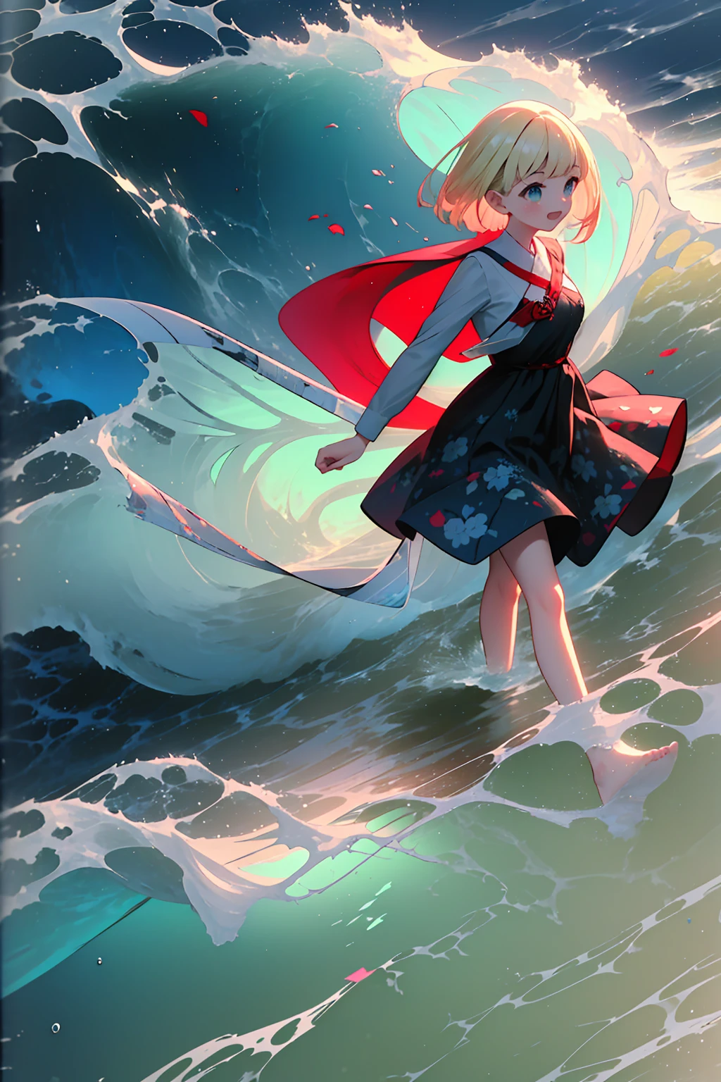 (8k,  super high quality , masterpiece:1.2),  super high res,  cute,  girl , solo, whole body, Blonde, Blue Eyes, Navy Blue Dress, Red floral pattern, Hawaiian Dress, sea,  like a ,  bright smile, soaked, whole bodyに水滴,  walking with hands on a cliff , Submersion, 