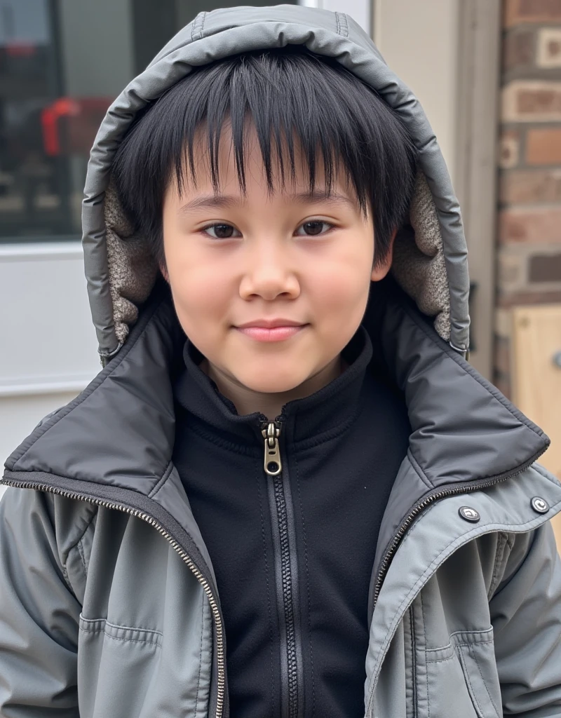 natphurin, a portrait photo of 7-year boy, natural skin, high quality, 16k, masterpiece, detailed face, detailed eyes, detailed lips, detailed boots, Create winter hood playful, full body,