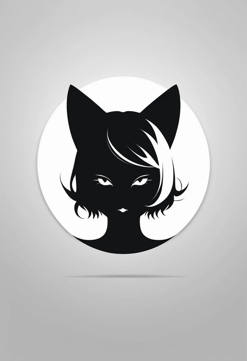 minimalistic logo design, centered silhouette of a cat ear girl\(face only,rounded head, curved tail, simple and elegant lines\), black and white theme, circular white background, modern and clean design, high contrast, sharp details, iconic and professional appearance, digital art style.