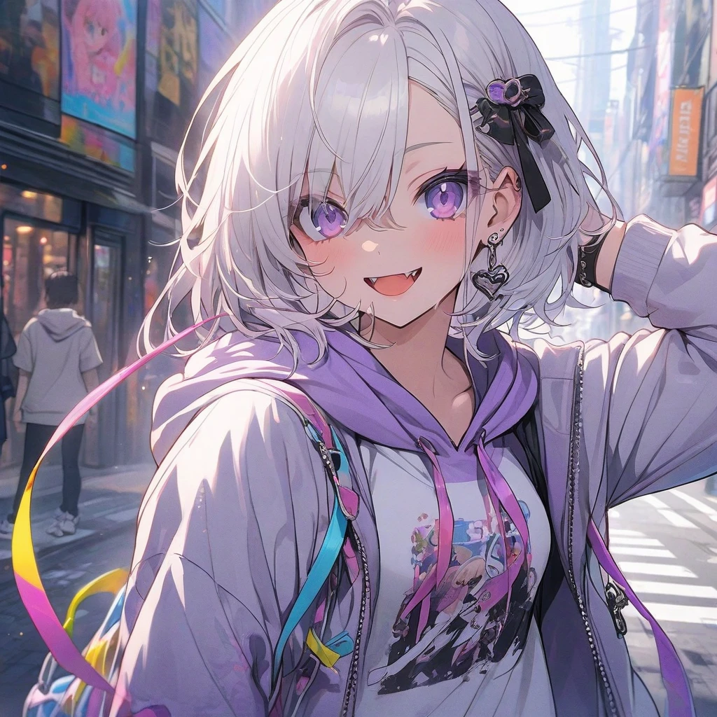  anime girl,  white short hair ,  purple eyes, Hoodie, pc, streamer, vtuber, Street style 