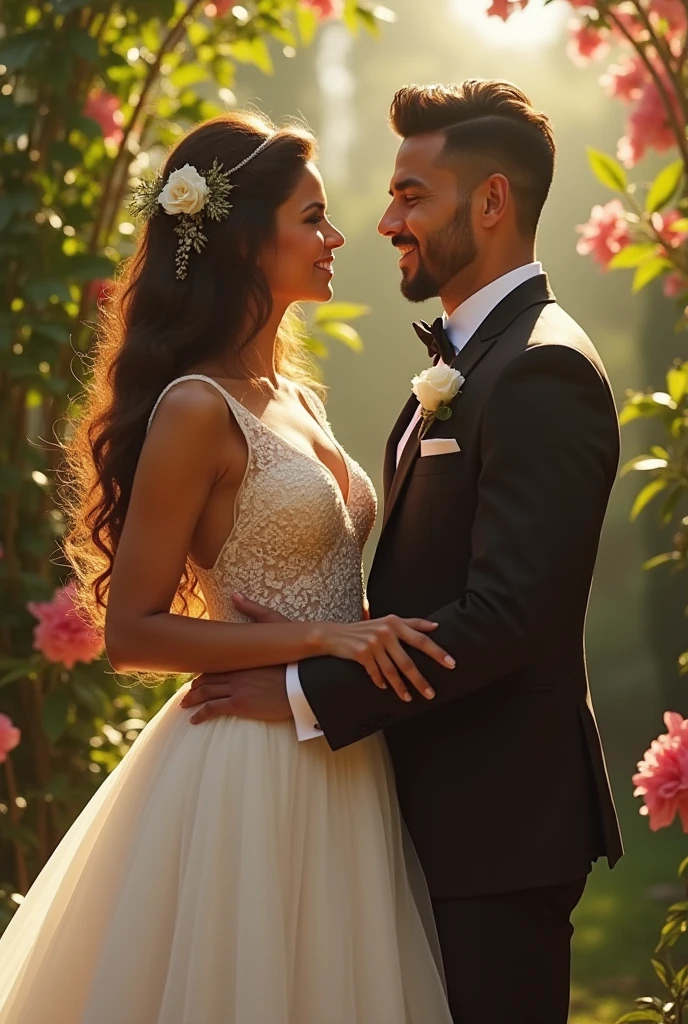 Enchanting wedding celebration in a breathtaking garden or courtyard with exquisite decor and elements, capturing the stunning bride and groom in a beautifully crafted portrait, beautiful face, closeup shot of both groom and bride, camera facing shot, ((lavish garden))