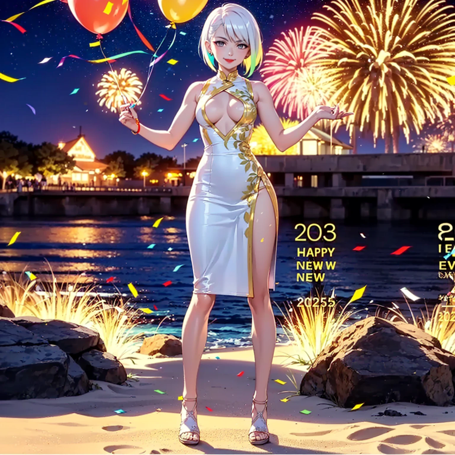 Zoom in to witness 3D numbers exploding like fireworks in a breathtaking New Year's display. Make this a mathematically mesmerizing celebration. enormous tits, (full body:1.5)