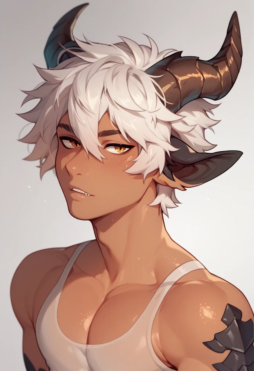  tanned, dragon boy with a huge dick, white hair,  fluffy messy hair, dragon horns, dragon tail, black scales, gradient skin