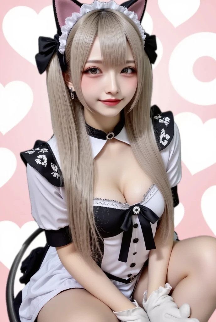 1girl,large breasts,Perfect Face,Silver Hair,Long Hair,two side upprostitution,Sexy Maid Outfits,White knee-high socks
,BREAK Cat Girl,(slit pupils),blue eyes,Beautiful detailed eyes:1.6),between hair,Cat ears,Cat tail,paws,paw gloves,Earrings,Hair Clip
,BREAK paw pose,blush,smile,sitting,wariza,from above,Sexy pose
,BREAK highest quality:1.2,Very detailed,masterpiece:1.2,
,BREAK Ruffles and lace,Polka dot pattern,(pink heart background)