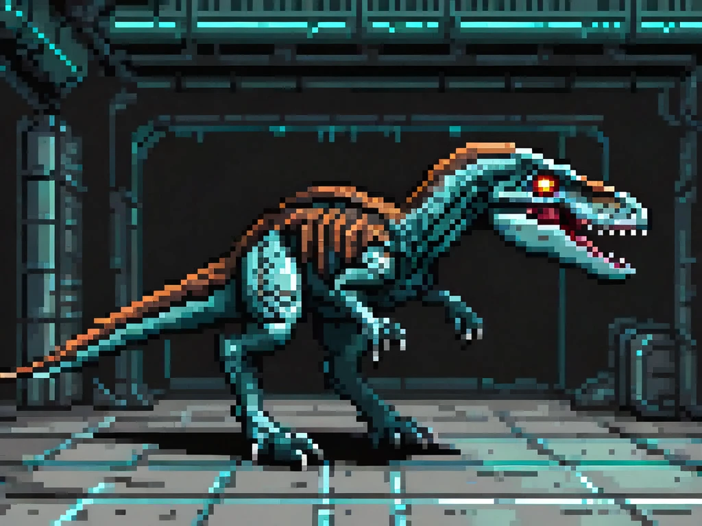 Eoraptor, body is Dead Space style, sci-fi style，8bit, pixel art