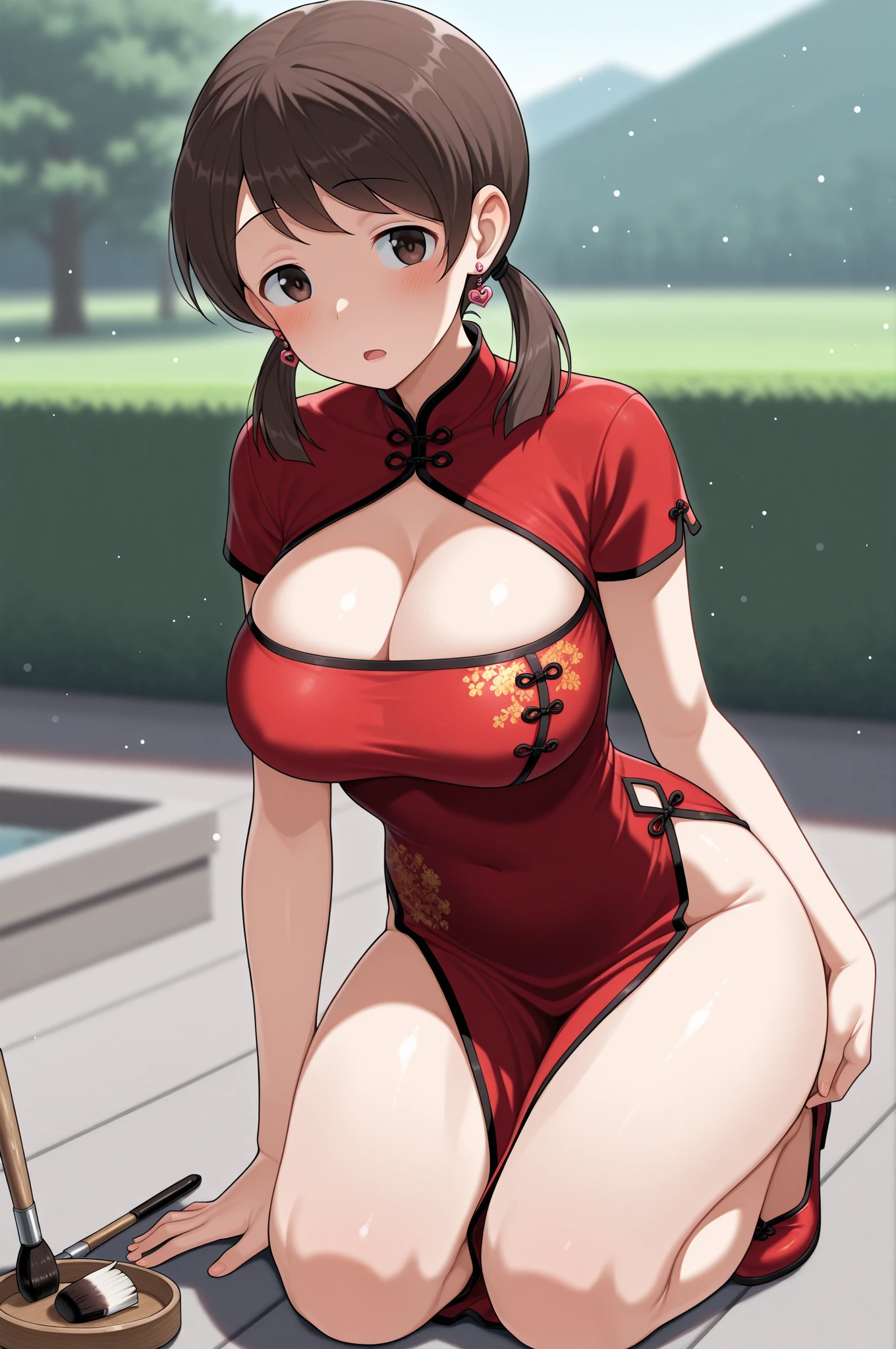 masterpiece,best quality,amazing quality,outdoors,depth of field,blurry background,light particles, solo, girlnao, medium hair, heart earrings ,red cheongsam, cleavage, off sholders,brown hair,brown eyes,large breasts,looking to viewer,low twintails,expressionlewd, brush, open mouth, fullbody